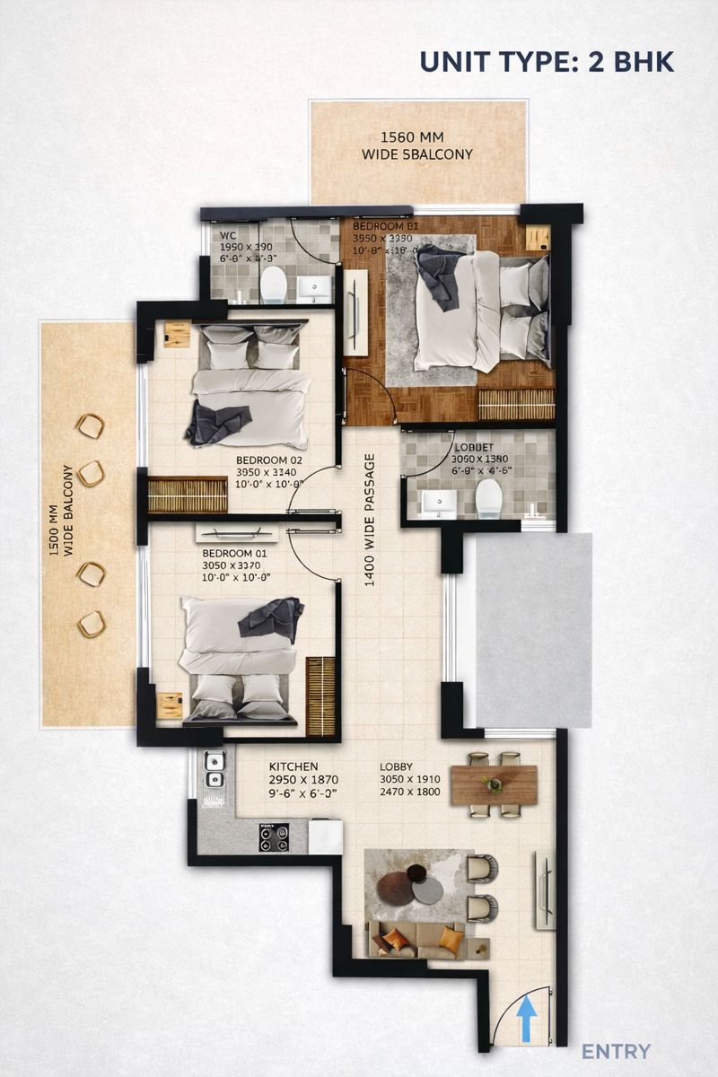 Solitaire 22 Rewari 2 BHK Type 3 Floor Plan – 557.68 Sq.Ft.