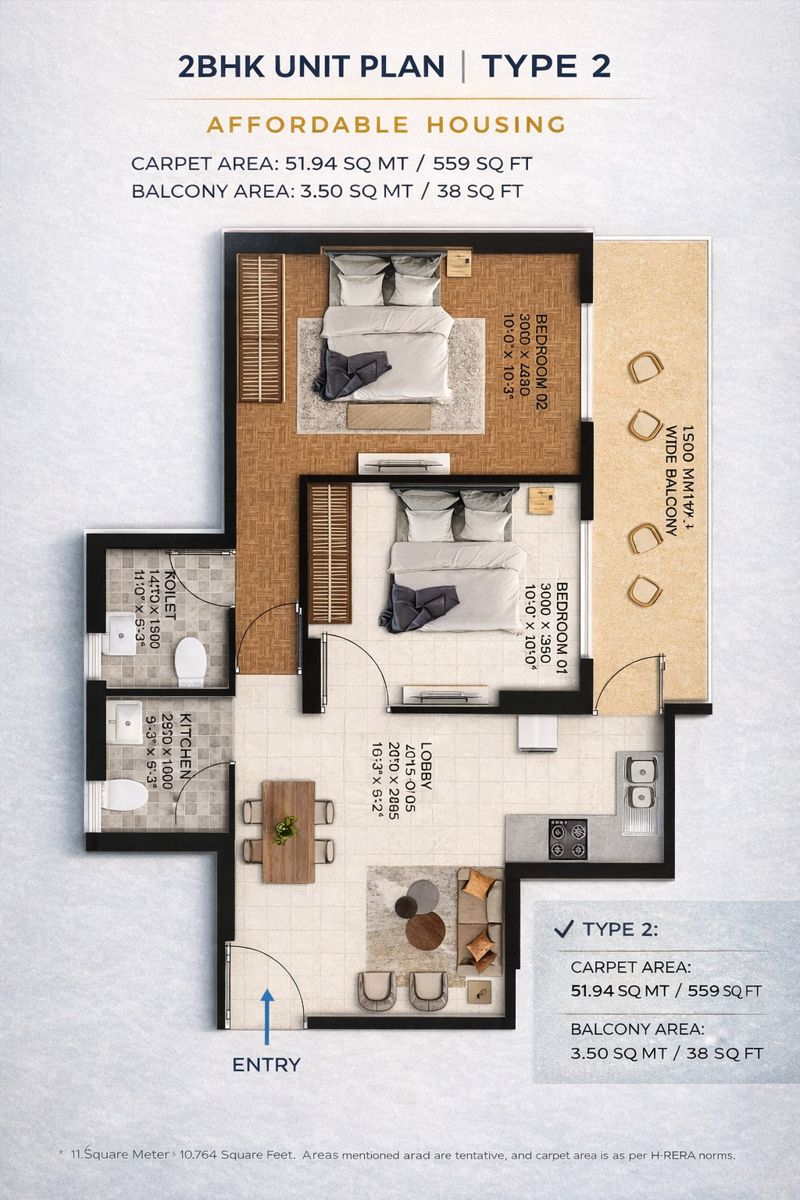 Solitaire 22 Rewari 2 BHK Type 3P Large Balcony Floor Plan