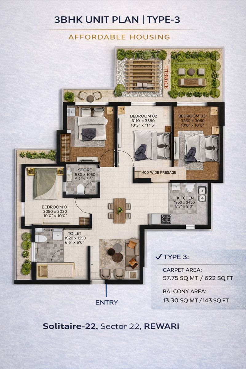 Solitaire 22 Rewari 3 BHK Type 1 Floor Plan – 645.73 Sq.Ft.