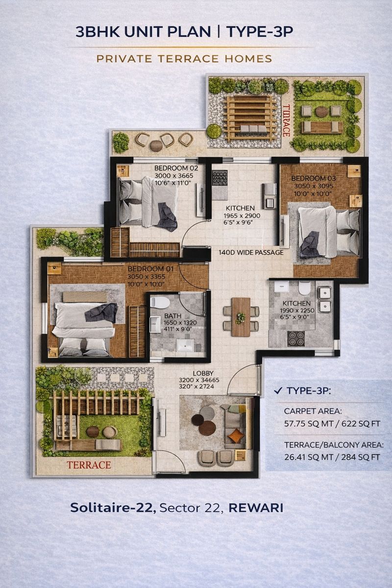Solitaire 22 Rewari 3 BHK Type 2 Floor Plan – 645.62 Sq.Ft.